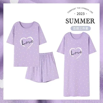 2023 Verão 3PCS de Manga Curta de Impressão Camisolas para as Mulheres coreano Bonito Pijamas Terno Homewear Noite Vestido Nightdress Casa Nighty
