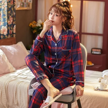 Inverno Mulher Xadrez Impressão de Pijama de Mangas compridas, Calças de senhora Pijama Conjunto Casual Macio Pijamas Terno Mulher Homewear
