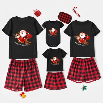 Natal Familiar Correspondente Pijama Design Exclusivo Papai Noel e o Veado Caixa de Presente Preta Curta Pijama Conjunto