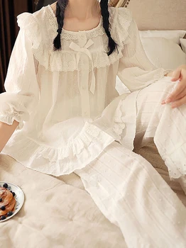 Primavera, Outono Original Coreano Puro Algodão Princesa Vintage Lolita Lounge Define Doce Kawaii Babados Vitoriana Pijama Sleepwear