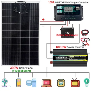 110V/220V Sistema de Energia Solar 300W Painel Solar+150A Controlador de Carga+4000W 6000W Carro Inversor de Geração de Energia, Kit de 12V para 220V