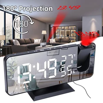 180° de Projeção Digital do DIODO emissor de Despertador Inteligente de Carga USB Relógio de Mesa Eletrônica de Rádio FM de Despertar Relógios Função Soneca