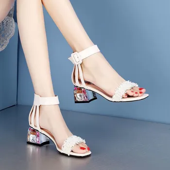 2021 Mulheres De Verão Salto Alto Sapatos De Cristal Peep Toe Salto Quadrado Pulseira De Fivela Sandálias Pretas Zapatos Mujer
