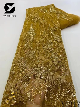 2023 Mais Recente Lindo De Ouro Africano Artesanal Esferas De Cordões De Tecidos De Luxo Nigeriano Lantejoulas Malha Laço De Tecido Para O Vestido De Festa Y5317