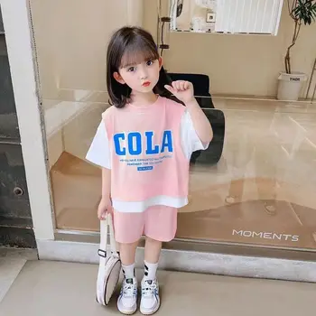 2023 Menina Crianças Verão Casual T-shirt Ternos Estilo coreano Bebê Jovens Adolescentes de Manga Curta-Cor do Contraste 2Pcs Roupas Se