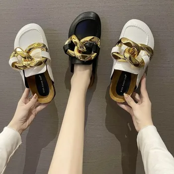 2023 Novo Chinelo Cadeia De Moda De Sandálias Para As Mulheres Do Dedo Do Pé Redondo Deslizamento Em Mulas, Televisão De Calcanhar Casual Ytmtloy Interior Zapato Mujer