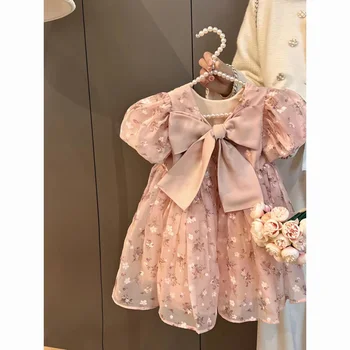 2023 Verão de Meninas' Dress Vestido de baile Puff Manga Princesa Doce Vestido Floral para Crianças Crianças Roupas de Bebê para Meninas