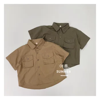 2023 Verão de Moda Nova Versão coreana Meninos da Lapela da Camisa Crianças Confortável e Casual manga Curta, Camisa de Boutique de Roupas
