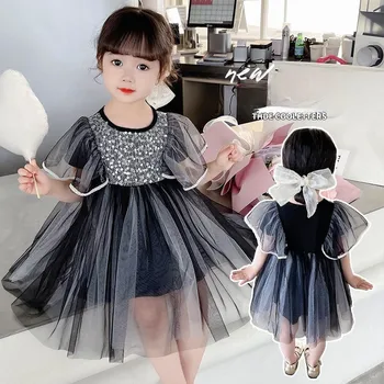 2023 Verão de Moda de Nova Paetês Super Malha de Fadas para Crianças Fofo e Doce Vestido de Princesa Meninas Mangas Curtas Preto Roupas