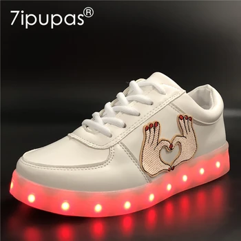7ipupas EUR 30-44 Crianças Brilhante Tênis amor Bordados Luminosa Tênis infantil para Meninas Meninos Mulheres sapatos de Luz Led Sapatos