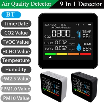 9 in1 Qualidade do Ar Monitor de CO2 Medidor de APLICAÇÃO BT Dióxido de Carbono Detector de COVT HCHO PM2.5 PM1.0 PM10 CO2 Sensor de Temperatura e Umidade
