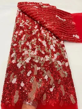 Africana Vermelho, feito a mão Frisada Renda francesa Tecido 2023 mais Recente Bordados 3D, Sequência de Tule de Renda Com Pérolas De Vestido de Noiva