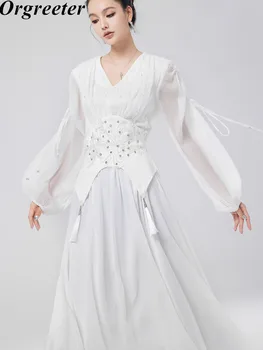 Alta Qualidade Branco de Chiffon Vestidos Longos Para as Mulheres de Luxo Frisado decote em V Vestido Midi Com Borla de Bordado de Paetês Cinto