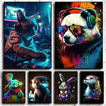 Anos 80 Pop Art de Néon Colorido Animais DJ de Música Cartaz Estética Capivara Gato Cão Panda Coelho Lona Impressão Arte de Parede Mural de Decoração de Quarto