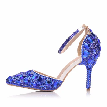 Artesanais De Luxo, Azul Royal Casamento Sapatos De Fivela De Cinta Dedo Apontado Concerto De Sapatos De Cinderela A Festa De Formatura Do Salto Alto
