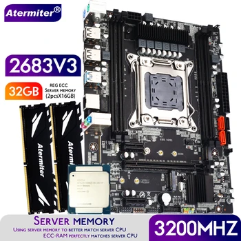 Atermiter X99 D4 placa-Mãe Conjunto Com o Xeon E5 2683 V3 LGA2011-3 CPU 2pcs X 16GB = 32GB 3200MHz de Memória DDR4 REG ECC RAM