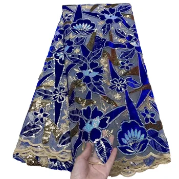 Azul Africana Tecido de Renda 2021 mais Recente Lantejoulas Nigeriano francês Net Tecido de Renda 5Yards Africana de Veludo Laço de Tecido Para o Vestido de Z016