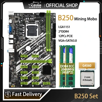 B250 placa-Mãe LGA1151 Kit G4560 DDR4 2*4GB=16GB Memória de Trabalho Conjunto ETH de Mineração placa-Mãe 12*PCIE X16 de Apoio 12GPU SATA3.0