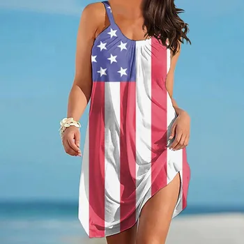Bandeira Americana Imprimir Mini Sexy Vestido De Praia As Mulheres Alça De Noite Vestidos De Festa Sem Mangas Strapless Senhoras De Praia Feminino Vestidos