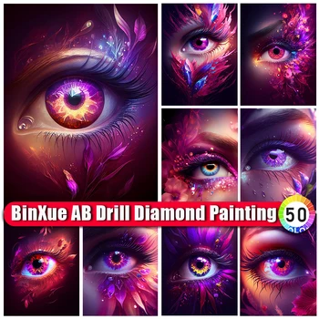 BinXue 2023 Novo Colorido Sonhadora AB Diamante Pintura Kit de Olhos de Ponto de Cruz, Chama Flor Artesanal DIY Diamante Mosaico de Arte Presente