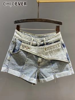 CHICEVER Fazer Velho Shorts Jeans Para Mulheres de Cintura Alta Splcied Bolsos Bater Cor Streetwear Solta Curto Ampla Perna de Calça Feminina Verão