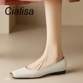 Cialisa Novas Reais de Couro Sapatos femininos Primavera 2023 Concisa Dedo do pé Quadrado Artesanal Diário Slip-On Flats Senhoras Calçado de Damasco 40