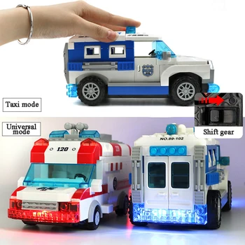 Cidade de Série Ambulância Construção de Blocos de Tijolo Caminhão de bombeiros Modelo de conjunto de Luzes de LED Puxar para Trás Carro Brinquedos de Meninos presentes de ensino