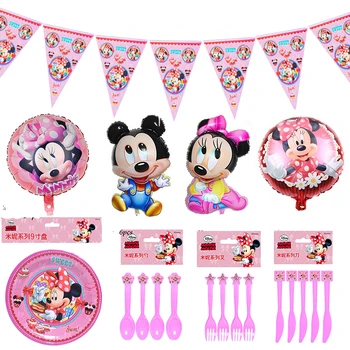 Cor-de-rosa de Minnie Mouse Festa Decorações de chá de Bebê de Crianças de 1ª Festa de Aniversário de Mickey Placas de Copos de Balão Menina de Mesa para festas