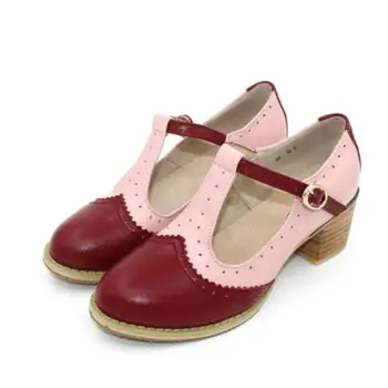 Correspondência de cores de Meados da altura de Salto Grosso do sexo Feminino Inglaterra Faculdade Único Calçado Artesanal de Couro Genuíno Mary Jane Shoes
