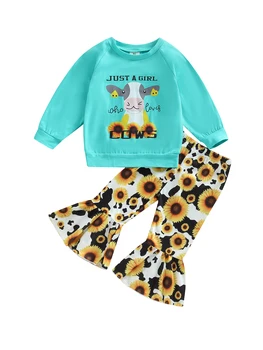 Crianças Calças de Meninas com Roupas de Vaca Carta de Impressão de T-shirt Manga Longa Tops e Casual Girassol Flare Pants Conjunto