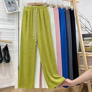 Dobras Mulheres de Cintura Alta, Calças de coreano Moda Carta de Cordão Solto Wide Leg Pants Y2K Casual Toda a Correspondência do sexo Feminino Reta Calças