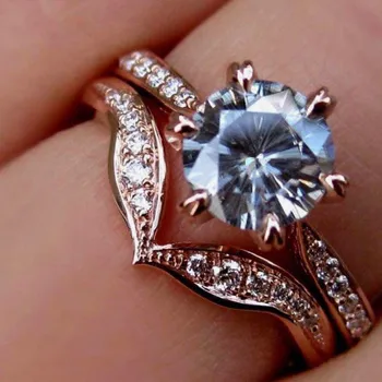 Elegante, Delicada Rosa de Ouro Cores de Anéis para as Mulheres da Moda de Metal Incrustada de Pedra Branca do Casamento Conjunto de Anel de Noivado de Jóias