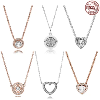 Elegante coração rosa de ouro, colar de prata 925 rodada colar de charme ajuste a concepção de charme original DIY jóias presentes