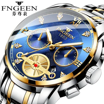 FNGEEN Homens Relógio de Quartzo da Moda de Aço Inoxidável do relógio de Pulso de Negócios Impermeável Data do Calendário Luminoso do Relógio Relógio Masculino