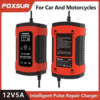 Foxsur Inteligente 12v24v5a Carro Carregador de Bateria Rápida de Energia de Pulso de Reparo do Carregador Display LCD Carregador para a Motocicleta de Chumbo-Ácido