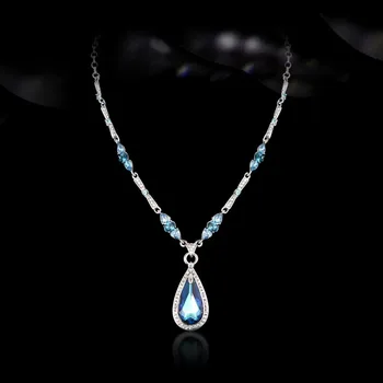 Foydjew de Luxo Elegante Austríaco de Cristal Azul Clavícula Cadeia das Mulheres Pingente Estilo de Revista Colares Banquete de Jóias de Casamento
