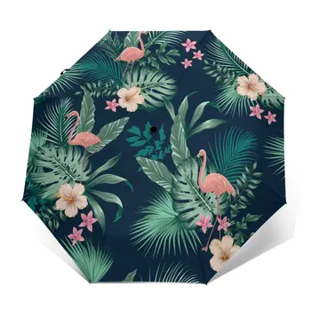 Guarda-chuva automático Tropical Exuberante Folhagem, Flores E Flamingos três vezes de guarda-chuva mulheres homens do guarda-chuva