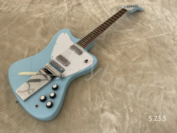 Guitarra eléctrica Azul Fina de Cor Sólida Mini Humbucker HH Cauda Longa 4 Potes Pickguard Branco Rosewood Fingerboard Pontos Embutimento