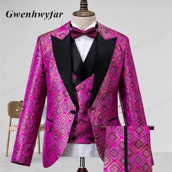 Gwenhwyfar Homens em Ternos de Alta Qualidade 2022 Legal Padrão Quadrado cor de Rosa Noivos Smoking Estilo Africano Blazer Colorido Personalizado Feito