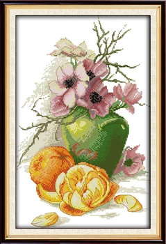 Hibiscus vaso e laranjas ponto cruz kit aida 14ct 11ct contagem de tela impressa pontos de bordado DIY feito a mão de obra de bordador