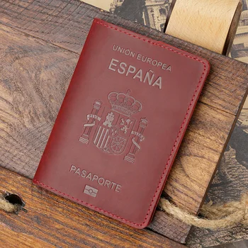 High-end Espanha Couro Genuíno Capa de Passaporte Para a Espanha Titular do Cartão de Crédito Vintage Homens Mulheres Passaporte Caso de Carteira de Viagem