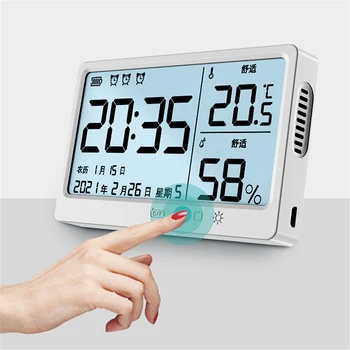 Higrómetro do Termômetro de digitas Interior e Exterior de Temperatura e Umidade com Calendário, Relógio Despertador para o Escritório em Casa Carga USB