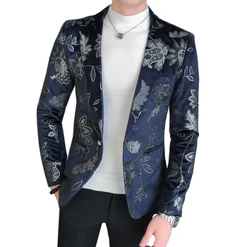 Homens de Blazer Casual Vintage virada para Baixo de Gola Manga Longa de Impressão Floral Jaqueta casaco Festa de Dança Blusa de Negócios Estilo de Vestido de Terno