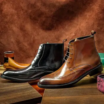Homens inverno Botas de couro de vaca Genuíno chelsea boots brogue casual simples de tornozelo sapatos Confortáveis, de qualidade lace vestido de botas de 2020
