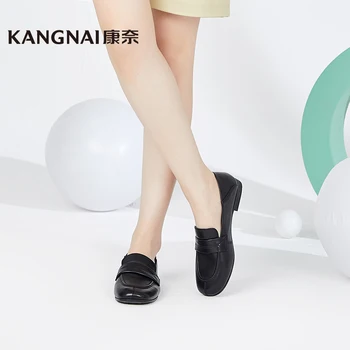 Kangnai Sapatos Mulheres Sapatos De Couro De Ovelha Dedo Do Pé Redondo Mocassins E Slip-On Retrô, Feminino Centavo Flats