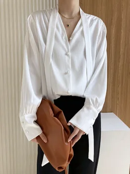 LOLIBOOK 2023 elegante longo da luva das mulheres sólido camisas femininas casuais mancha superior Botton Up Office Senhoras Blusa