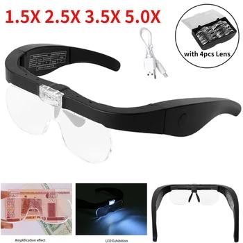 Lupa Óculos de lente de aumento De 1,5 X 2,5 X 3,5 X 5,0 X USB Recarregável com Luz LED para Leitura de Jewelers, revendedor Relojoeiro Reparação Vestindo