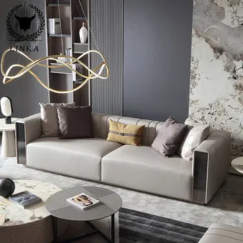 Luxo sofá de couro sala de estar moderna, simples, de madeira maciça de três pessoas, sofá mobiliário de designer