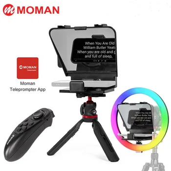 MOMAN MT2 Portátil Teleprompters com Controle Remoto Tripé de 12 polegadas Anel de Luz do RGB de Bluetooth Para a Câmera do Smartphone