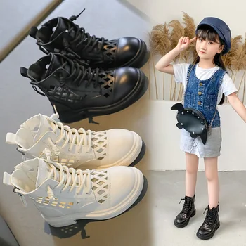 Meninas, Sapatos Primavera 2023 Crianças Novas Botas Curtas de Primavera e Outono, de Malha, Botas de Verão Fina Secção Oca Único Botas